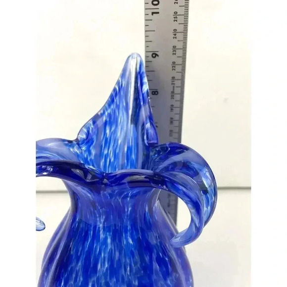 VTG Blue Murano Glass Vase Spotted Ribbed Vase 8.5" Tall Three Petal Floral MCM - Picture 9 of 11